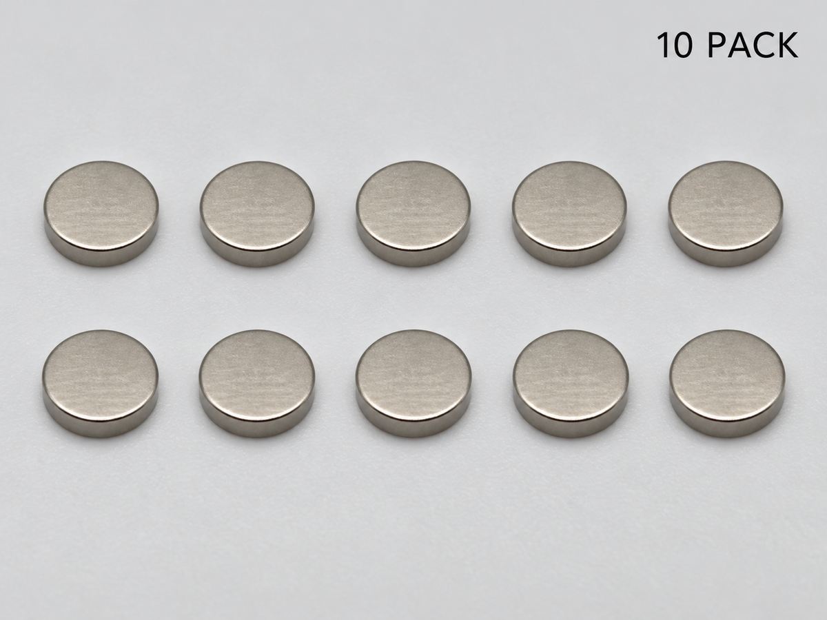 Ten silver disc magnets arranged in two rows of five, labeled 10 PACK