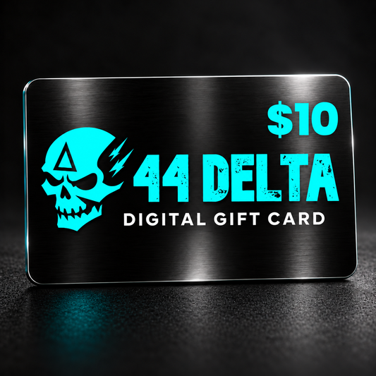 44 Delta $10 digital gift card, black metal with teal branding