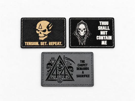Three 44 Delta laser-etched iron-on patch designs, landscape showcase
