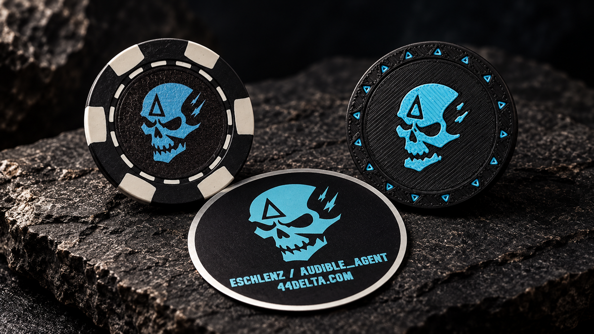 Included free with every Wrath lock: one 44 Delta Poker Chip, one eschlenz / auDiBLe_aGeNT Maker Coin, and one eschlenz / auDiBLe_aGeNT Sticker. One randomly selected patch is also included, shown separately.