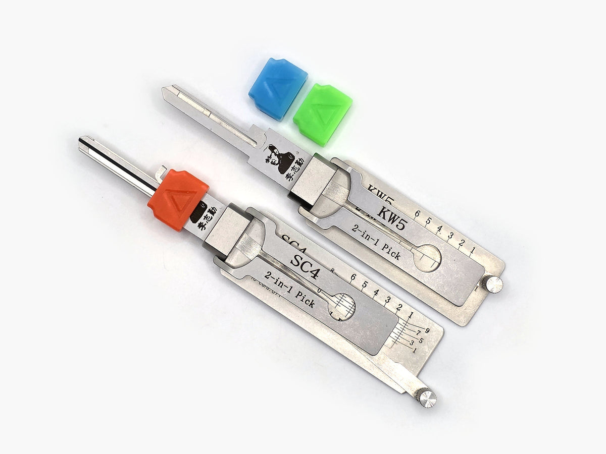 SC4/KW5 Lishi Spacer V2 three-pack in blue, fluorescent green and reddish orange; orange spacer fitted to an SC4 tool. Lishi tools not included.