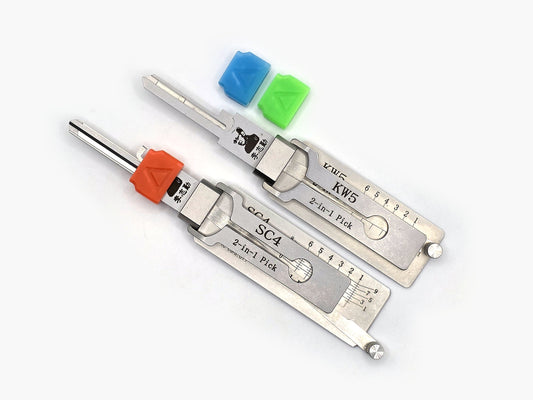 SC4/KW5 Lishi Spacer V2 three-pack in blue, fluorescent green and reddish orange; orange spacer fitted to an SC4 tool. Lishi tools not included.
